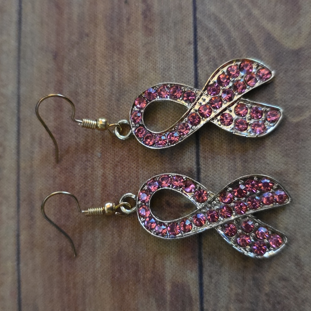 Pink Ribbon Drop Earrings Breast Cancer Awareness Crystal Stone Costume Jewelry